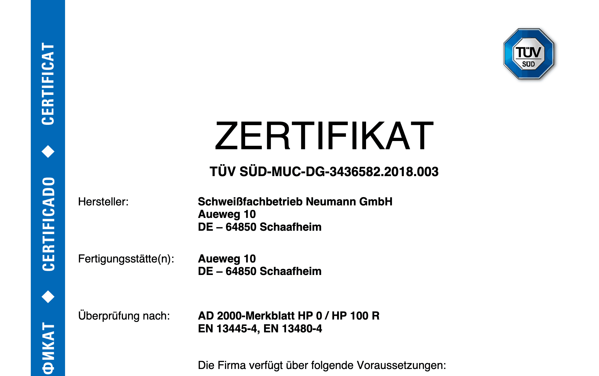 AD 2000 - Merkblatt HP0 und DIN EN ISO 3834-3 Zertifikat