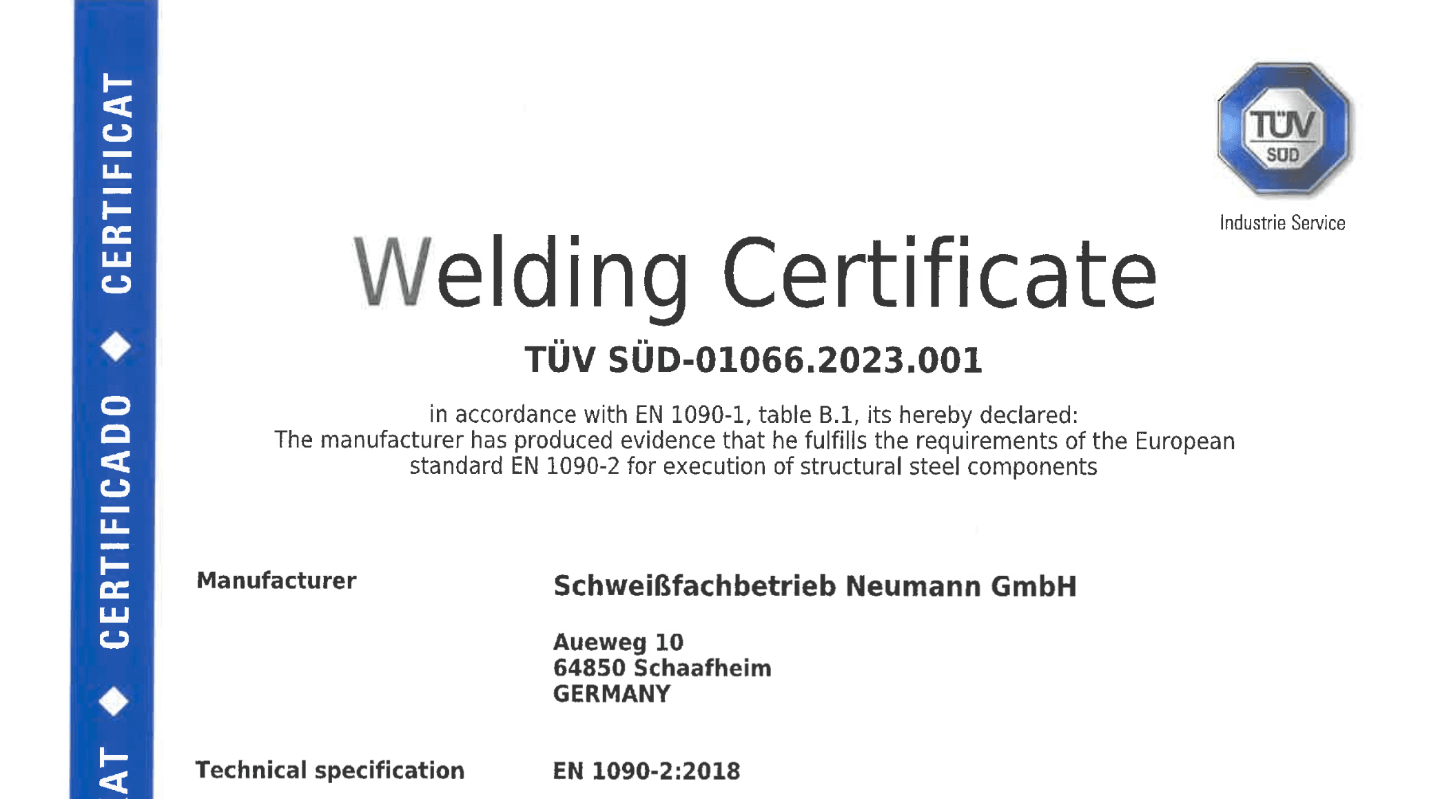 Welding Certificate EXC2 according to EN 1090-2 Zertifikat